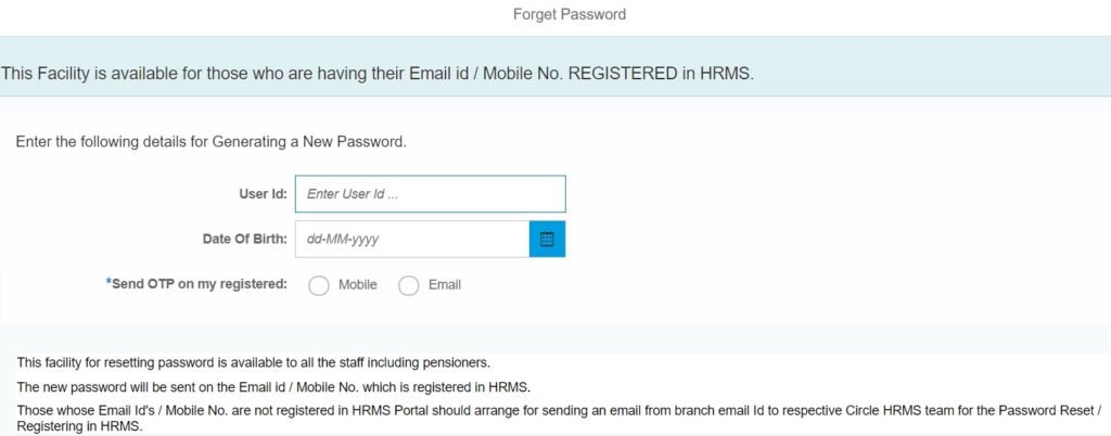 Reset SBI HRMS Password Source from hrms.onlinesbi.com portal