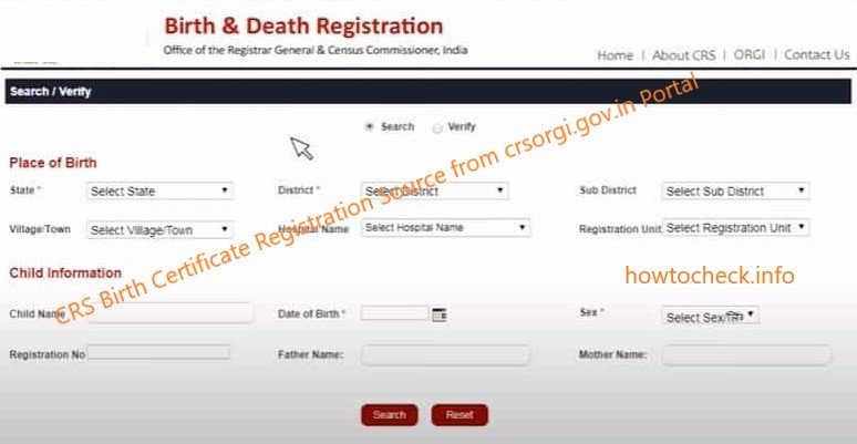 CRS birth Certificate registration Online source from crsorgi.gov.in