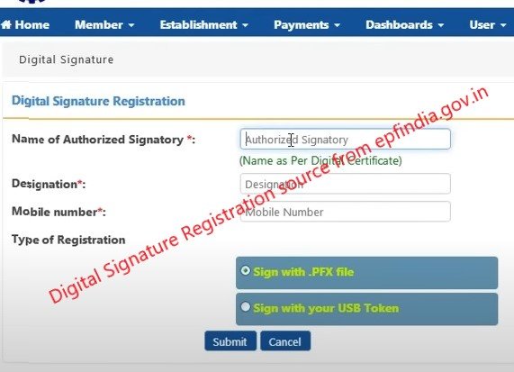 Digital Signature Registration source from epfindia.gov.in Portal