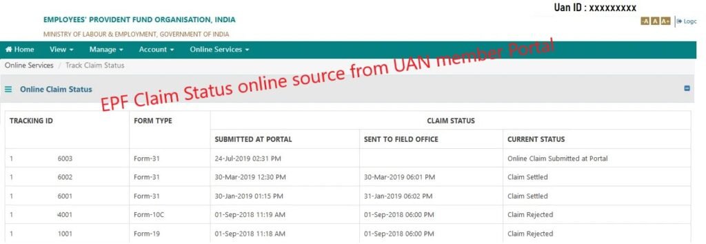 EPF Claim Status online source from uan member portal
