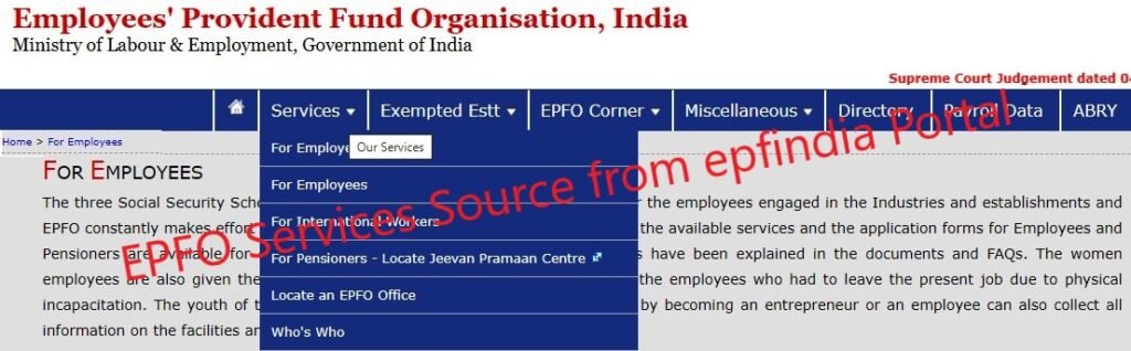 epfo services source from epfindia.gov.in portal